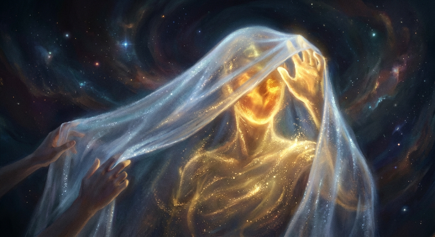 A luminous golden figure lifting a gossamer veil